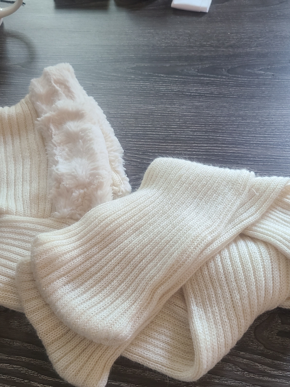 Jaclyn Smith Cream Ribbed Cowl Sweater with Faux Fur Trim